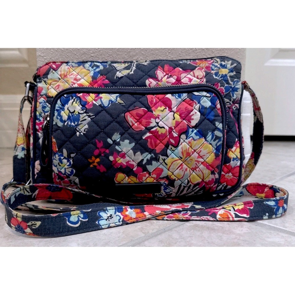 Vera Bradley Quilted Floral Crossbody Bag Navy Blue Multi Color Organizer Purse